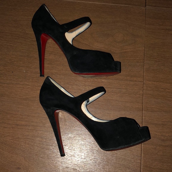 SOLD. Louboutin peep toe, black velvet Mary Janes, 39.5 - Picture 5 of 8
